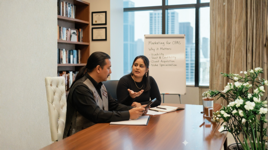 Marketing consultant explaining the importance of digital marketing to a CPA during a strategy meeting, with a whiteboard listing benefits like visibility, credibility, client acquisition, and niche specialization.