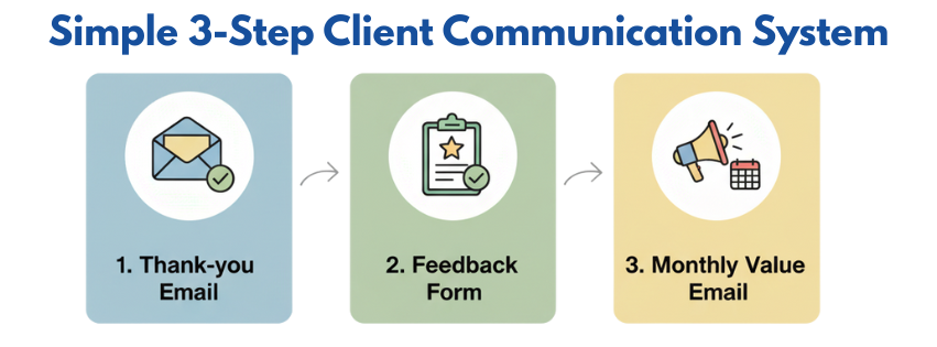 Graphic showing a simple 3-step client communication system for accounting firms: thank-you email, feedback form, and monthly value email.