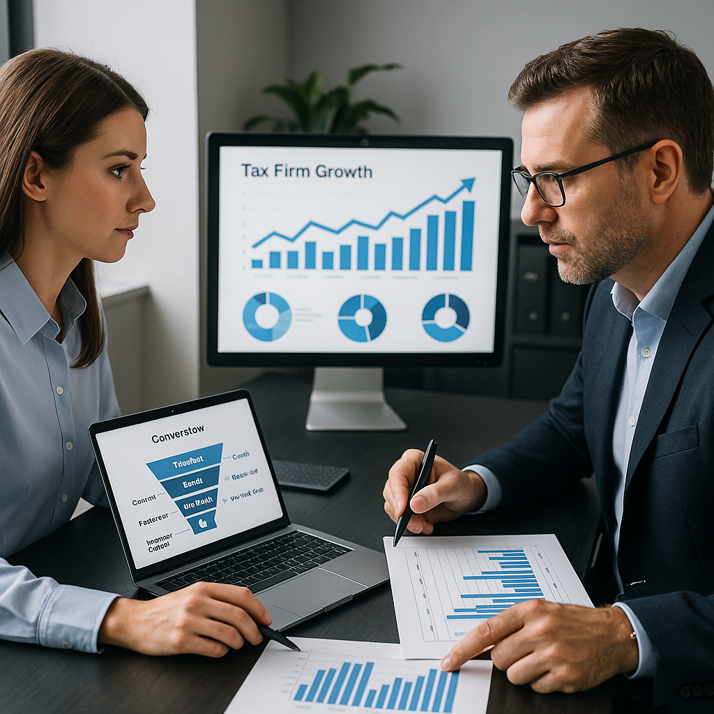 Marketing specialist explaining to a CPA why consistent digital marketing is essential for tax firm growth, while analyzing charts and performance data during a strategy meeting.