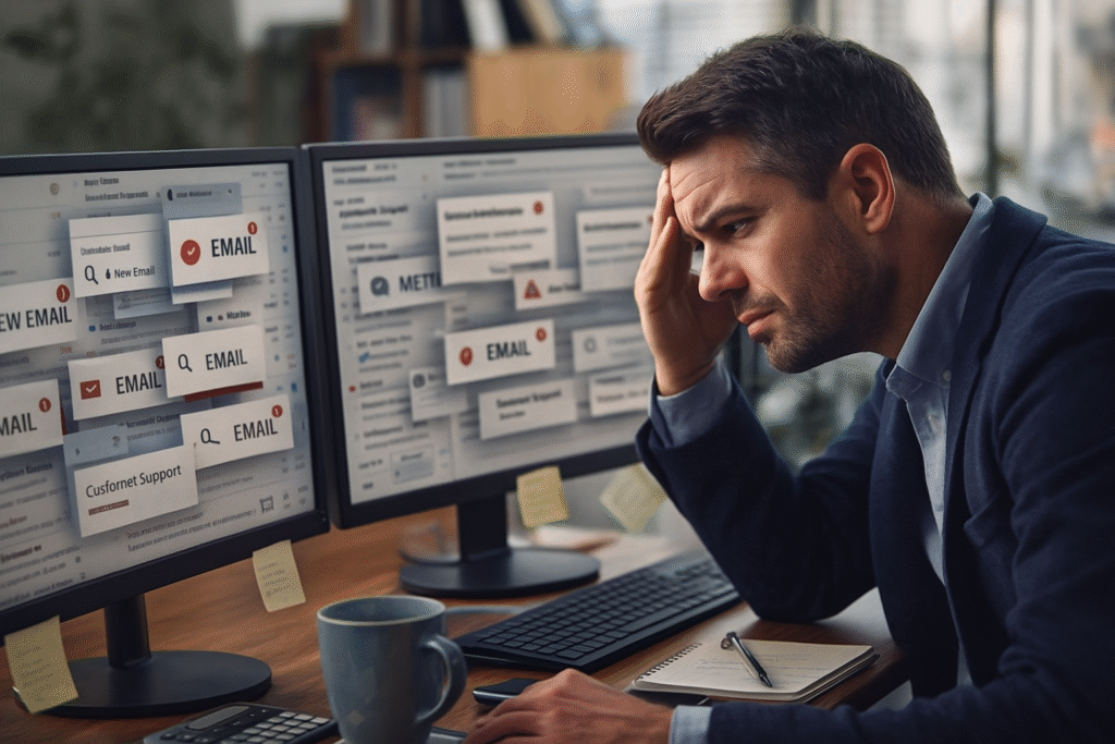 “A stressed man sits at his desk between two monitors overloaded with email notifications. He holds his head in frustration while looking at the cluttered screens. A coffee mug, notebook, and office supplies sit on the desk around him.”