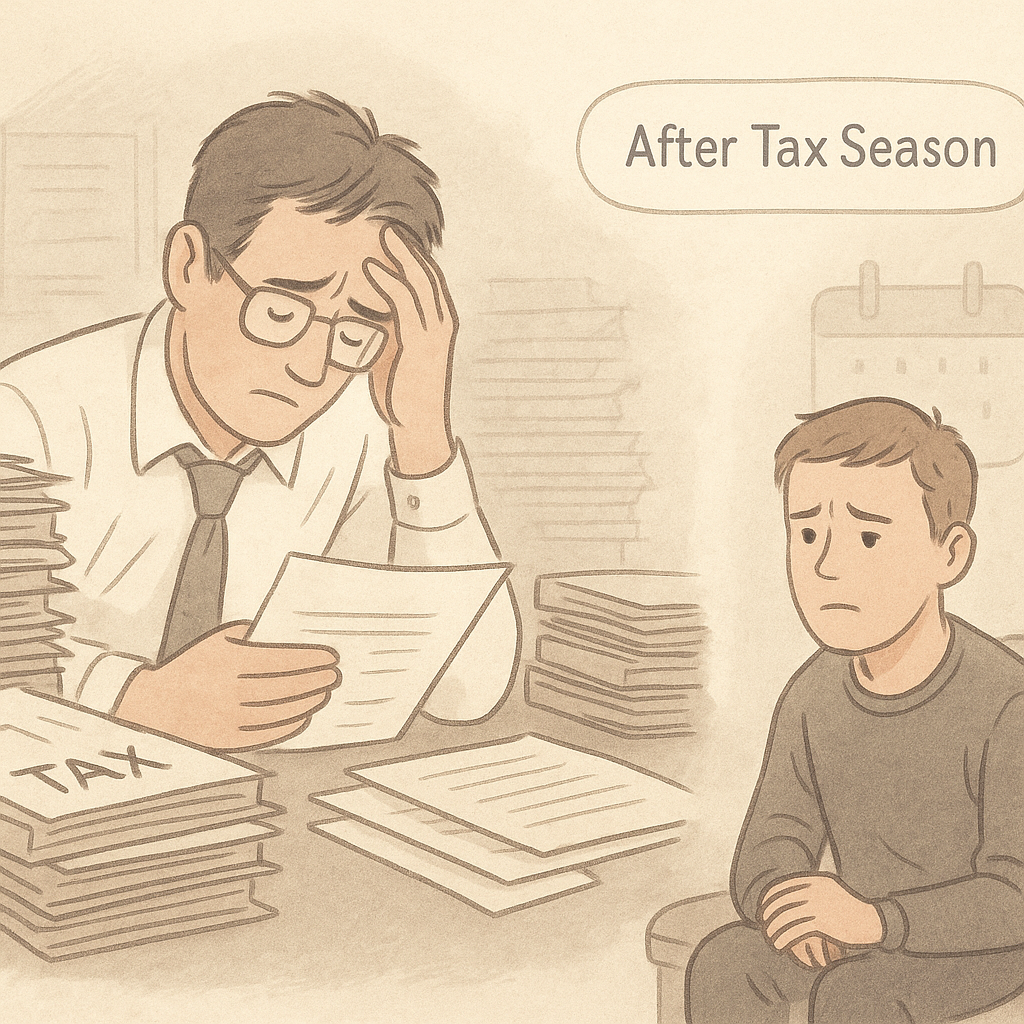Illustration of an exhausted accountant sitting at a desk surrounded by tax paperwork after tax season, looking stressed while a worried child sits beside him.