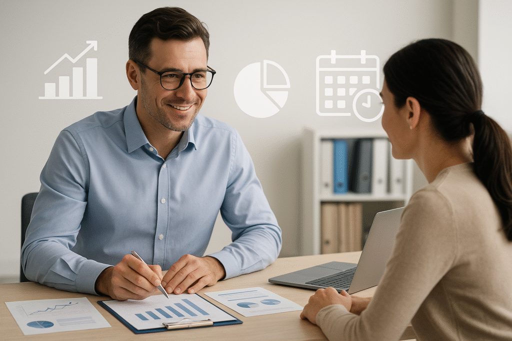 Professional financial advisor smiling while reviewing business growth charts with a client during a planning meeting.