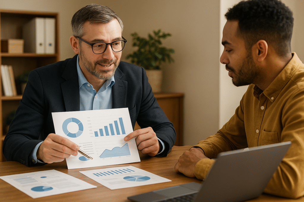 Professional financial advisor smiling while reviewing business growth charts with a client during a planning meeting.
