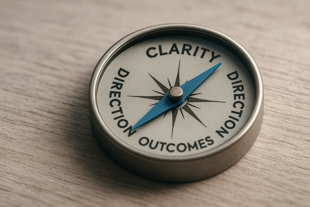 “A simple compass illustration with a blue and gray needle pointing upward. Around the compass are the words ‘Clarity’ at the top, ‘Direction’ on the right, ‘Outcomes’ at the bottom, and ‘Confidence’ on the left.”