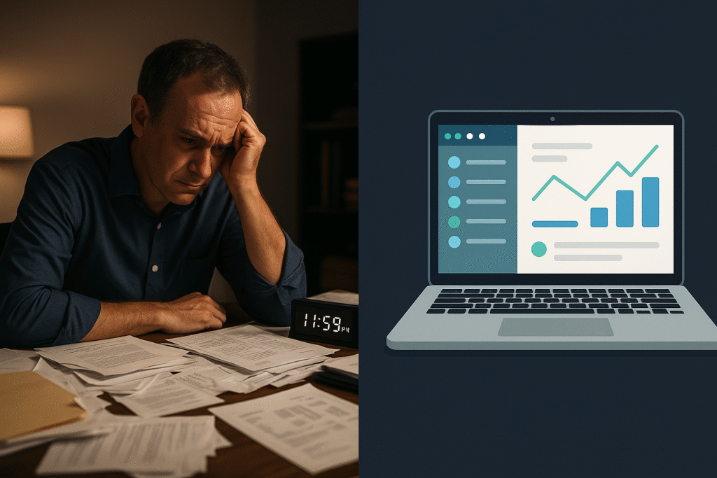 “A split-image showing a stressed man sitting at a desk late at night surrounded by scattered documents, holding his head beside a clock reading 11:59 PM, while the right side displays an illustrated laptop screen with organized charts and graphs.”