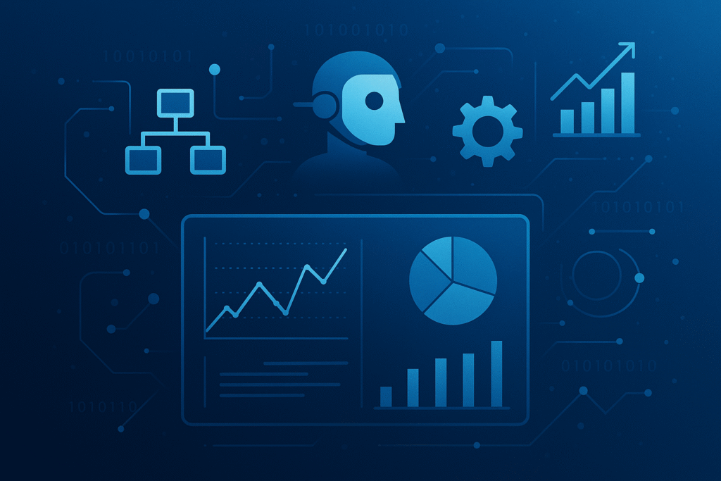 “A blue-toned digital illustration showing AI and data analytics elements, including a robot head icon, flowchart, gears, graphs, bar charts, and a pie chart, all connected by circuit-like lines and binary code.”