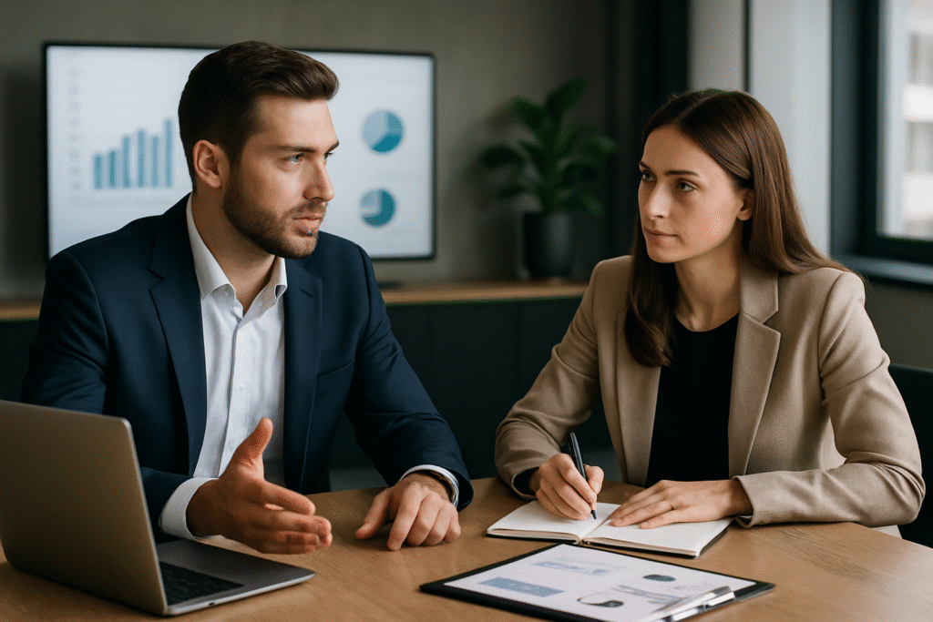 “A man in a business suit explains something during a meeting while sitting at a table with a laptop, as a woman beside him listens attentively and takes notes in a notebook. Charts and graphs are visible on a screen in the background.”
