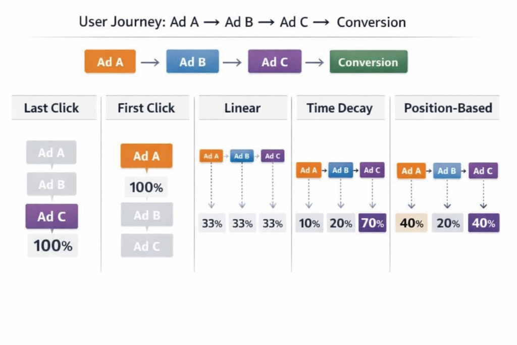 “Attribution model comparison chart showing a user journey from Ad A to Ad B to Ad C to conversion, illustrating credit distribution for Last Click, First Click, Linear, Time Decay, and Position-Based models.”