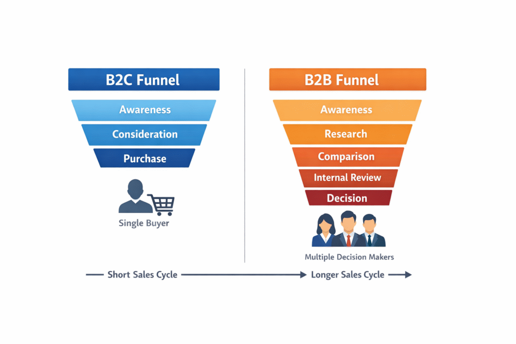 “Side-by-side comparison of B2C and B2B sales funnels showing B2C stages of Awareness, Consideration, and Purchase with a single buyer icon, and B2B stages of Awareness, Research, Comparison, Internal Review, and Decision with multiple decision-makers and a longer sales cycle.”