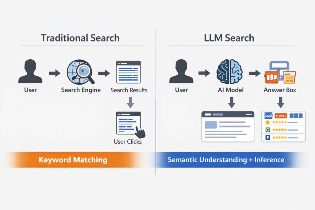 Side-by-side infographic comparing Traditional Search and LLM Search. On the left, Traditional Search shows a user entering a query into a search engine, receiving a list of blue links, and clicking a result, labeled “Keyword Matching.” On the right, LLM Search shows a user interacting with an AI model that generates an aggregated answer box with recommended businesses, labeled “Semantic Understanding + Inference.”