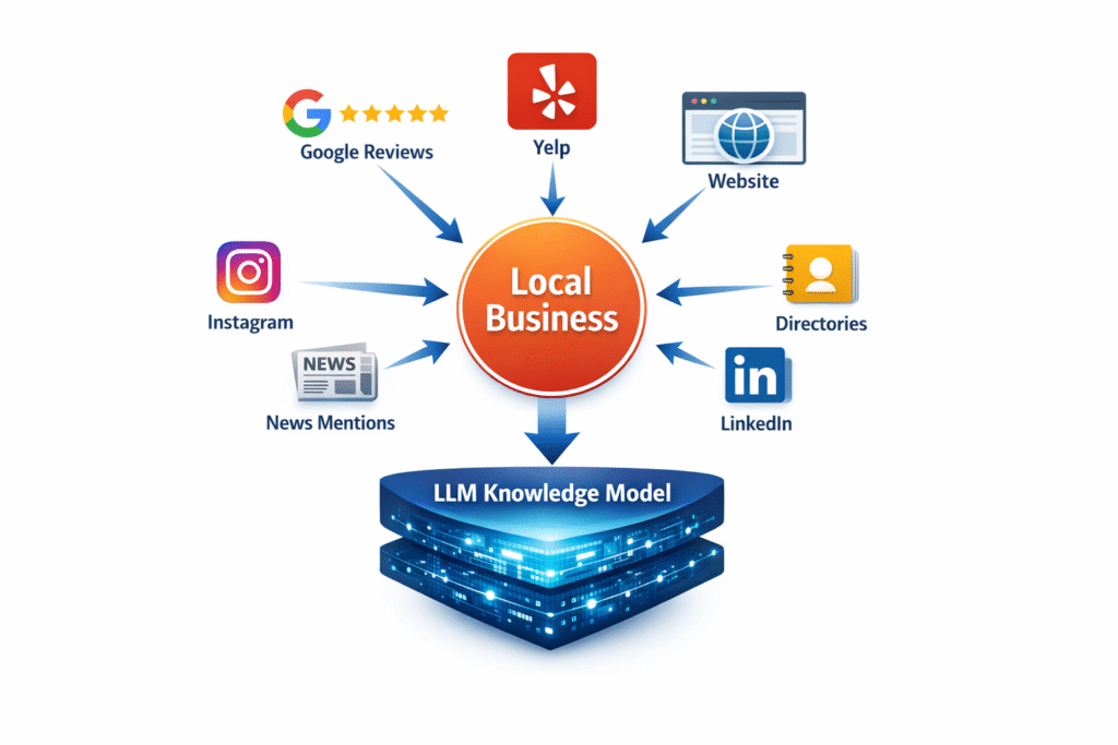 Infographic showing how Large Language Models (LLMs) aggregate a local business’s brand identity from multiple online sources including Google Reviews, Yelp, website content, Instagram, LinkedIn, news mentions, and online directories, with arrows pointing into a central LLM knowledge model that synthesizes the information into a unified business profile.