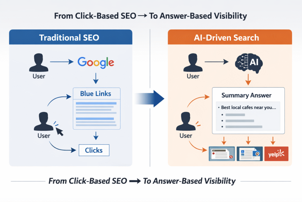 Side-by-side infographic comparing Traditional SEO and AI-Driven Search. On the left, a user searches on Google, sees a list of blue links, and clicks a result, labeled “Click-Based SEO.” On the right, a user interacts with an AI system that generates a summarized answer with cited sources, labeled “Answer-Based Visibility,” illustrating the shift toward zero-click and AI-powered search results.