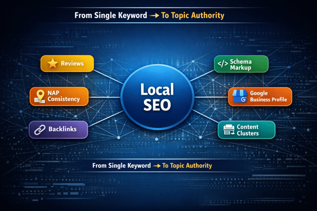 Infographic titled “From Single Keyword → To Topic Authority” showing a central core topic labeled “Local SEO” with connected branches including Reviews, NAP Consistency, Schema Markup, Google Business Profile, Backlinks, and Content Clusters, illustrating the shift from single-keyword targeting to comprehensive topic authority and entity-based search optimization.