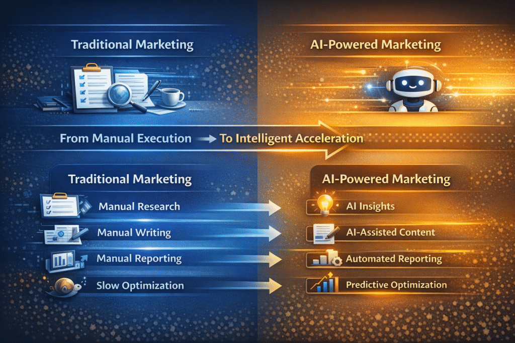 Side-by-side infographic titled “From Manual Execution → Intelligent Acceleration” comparing Traditional Marketing and AI-Powered Marketing workflows. On the left, Traditional Marketing shows manual research, manual writing, manual reporting, and slow optimization. On the right, AI-Powered Marketing highlights AI insights, AI-assisted content creation, automated reporting, and predictive optimization, illustrating the shift toward faster, smarter, and more scalable marketing processes.