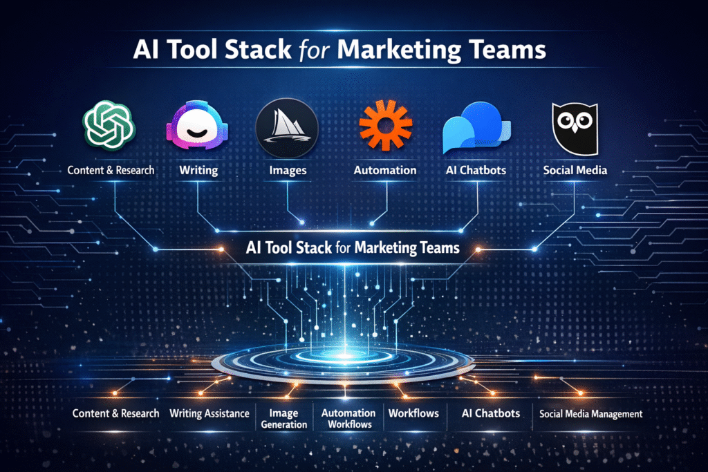 Infographic titled “AI Tool Stack for Marketing Teams” showing a central hub labeled “Marketing Team” surrounded by connected tool categories: ChatGPT (Content & Research), Jasper (Writing & Copy), Midjourney (Image Generation), Zapier (Automation), Tidio (Chatbot & Customer Support), and Hootsuite (Social Media & Captions). The diagram visually represents an integrated AI ecosystem powering content creation, automation, engagement, and reporting workflows.