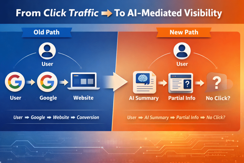 Infographic comparing old and new search behavior. On the left, the old path shows “User → Google → Website → Conversion,” illustrating traditional click-based traffic. On the right, the new path shows “User → AI Summary → Partial Info → Possibly No Click,” labeled “From Click Traffic → To AI-Mediated Visibility,” highlighting zero-click behavior and reduced CTR in AI-driven search.