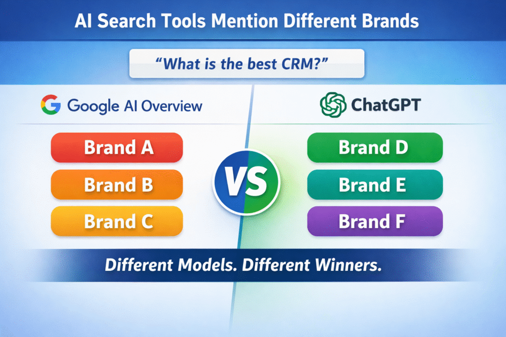 A clean split-screen digital graphic comparing AI search results for the same query, “What is the best CRM?”. On the left, a Google AI Overview panel lists Brand A, Brand B, and Brand C. On the right, a ChatGPT-style interface lists Brand D, Brand E, and Brand F. A bold headline across the center reads, “Different Models. Different Winners.” The design emphasizes how different AI systems recommend different brands for identical queries.