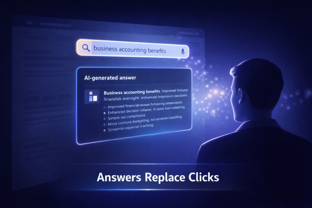 A premium editorial-style digital graphic illustrating zero-click search behavior. A glowing search bar displays a query, leading into a large AI-generated answer panel in the center of the screen. The user appears visually satisfied without clicking anything, while a blurred, faded website sits in the background to represent lost traffic. The overall design uses soft gradients and modern UI styling to emphasize the concept that answers now replace clicks.