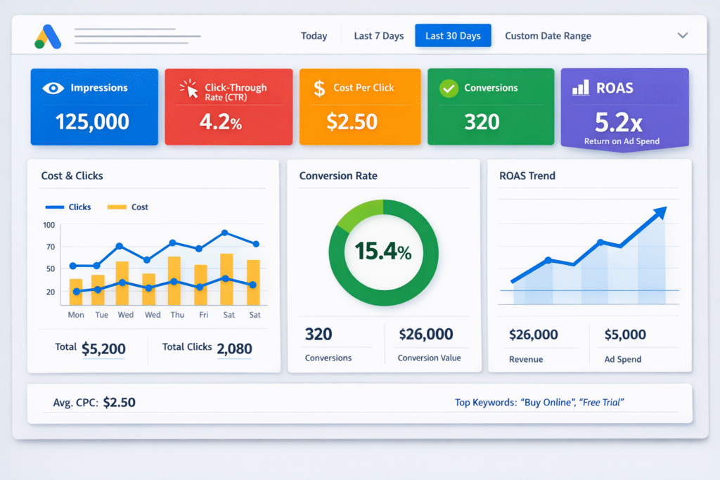 PPC performance dashboard displaying key metrics including impressions, click-through rate (CTR), cost per click (CPC), conversions, and return on ad spend (ROAS), with visual charts showing cost trends, conversion rate, and revenue growth.