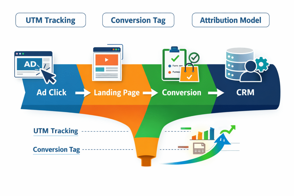 “PPC tracking funnel diagram showing the journey from ad click to landing page, conversion, and CRM integration, with labels for UTM tracking, conversion tags, and attribution model.”