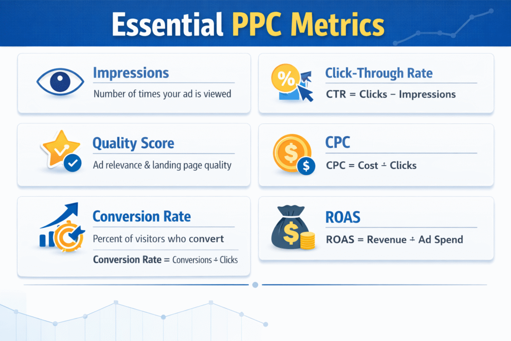 “Essential PPC Metrics infographic highlighting Impressions, Click-Through Rate (CTR), Quality Score, Cost Per Click (CPC), Conversion Rate, and Return on Ad Spend (ROAS) with simple performance formulas.”